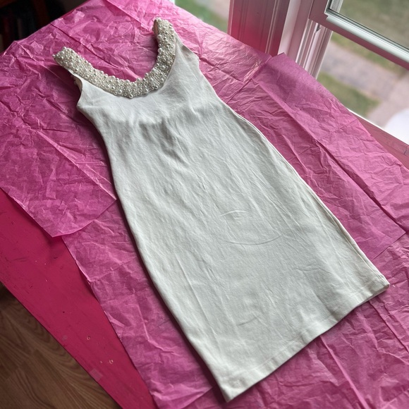 EUC VTG 80s pearl necklace handsewn bodycon ivory dress xs scoop back wedding - Picture 10 of 16